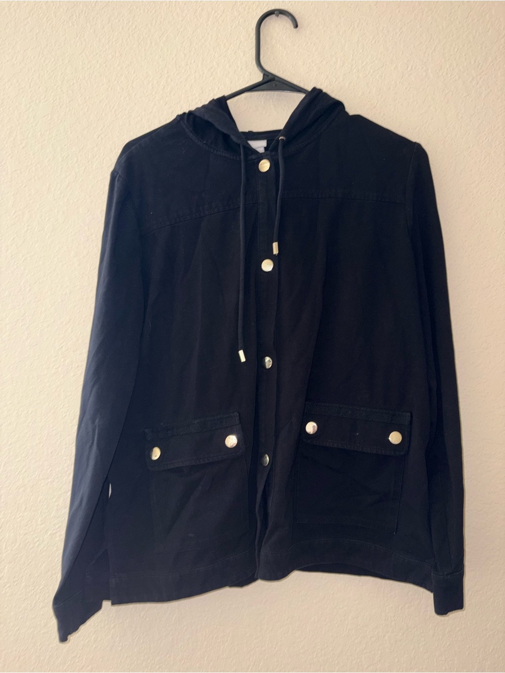 Chico's Black Hooded Jacket with Snap Details
